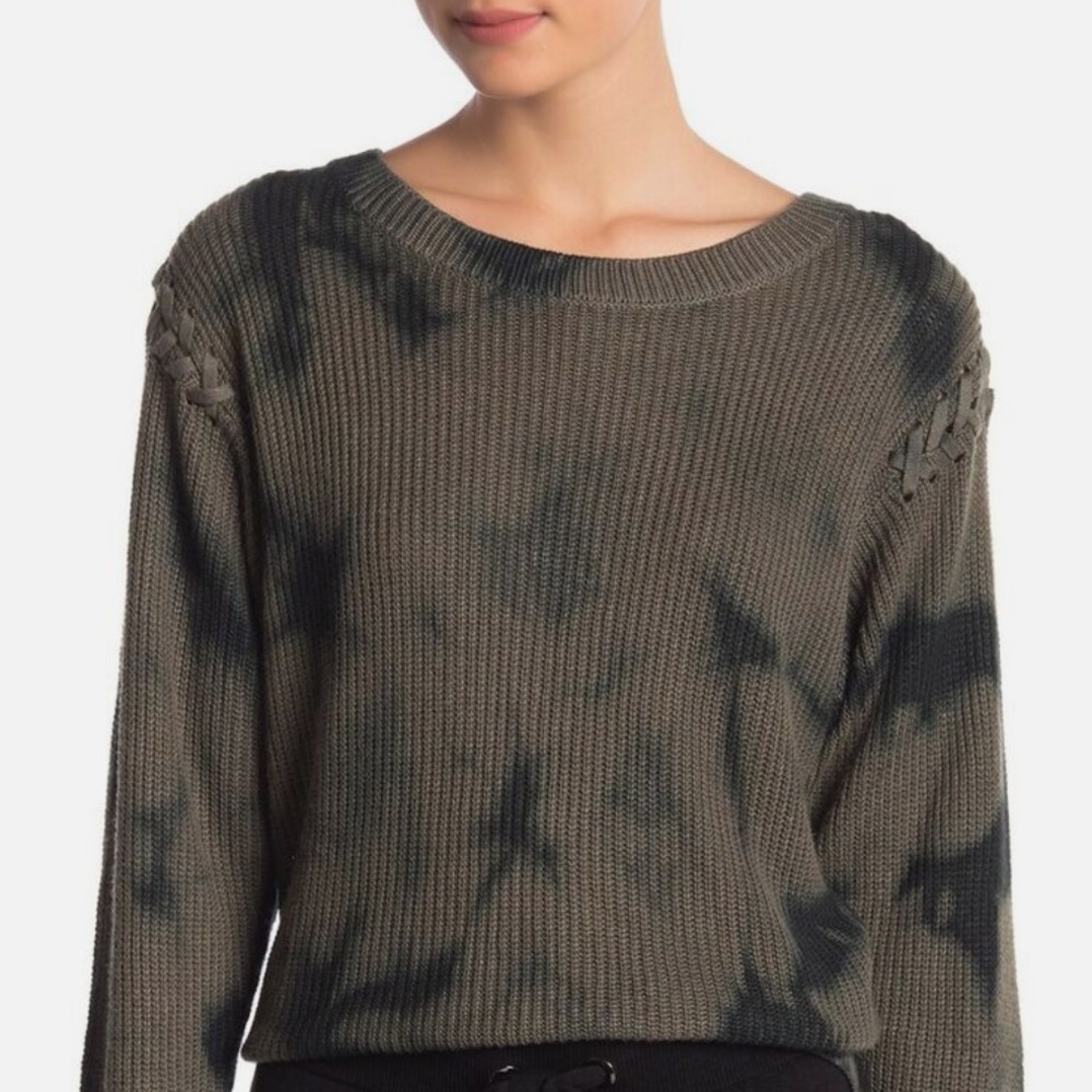 Splendid Tie Dye Stitch Sleeve Sweater Size Small Olive Green Black Top Relaxed